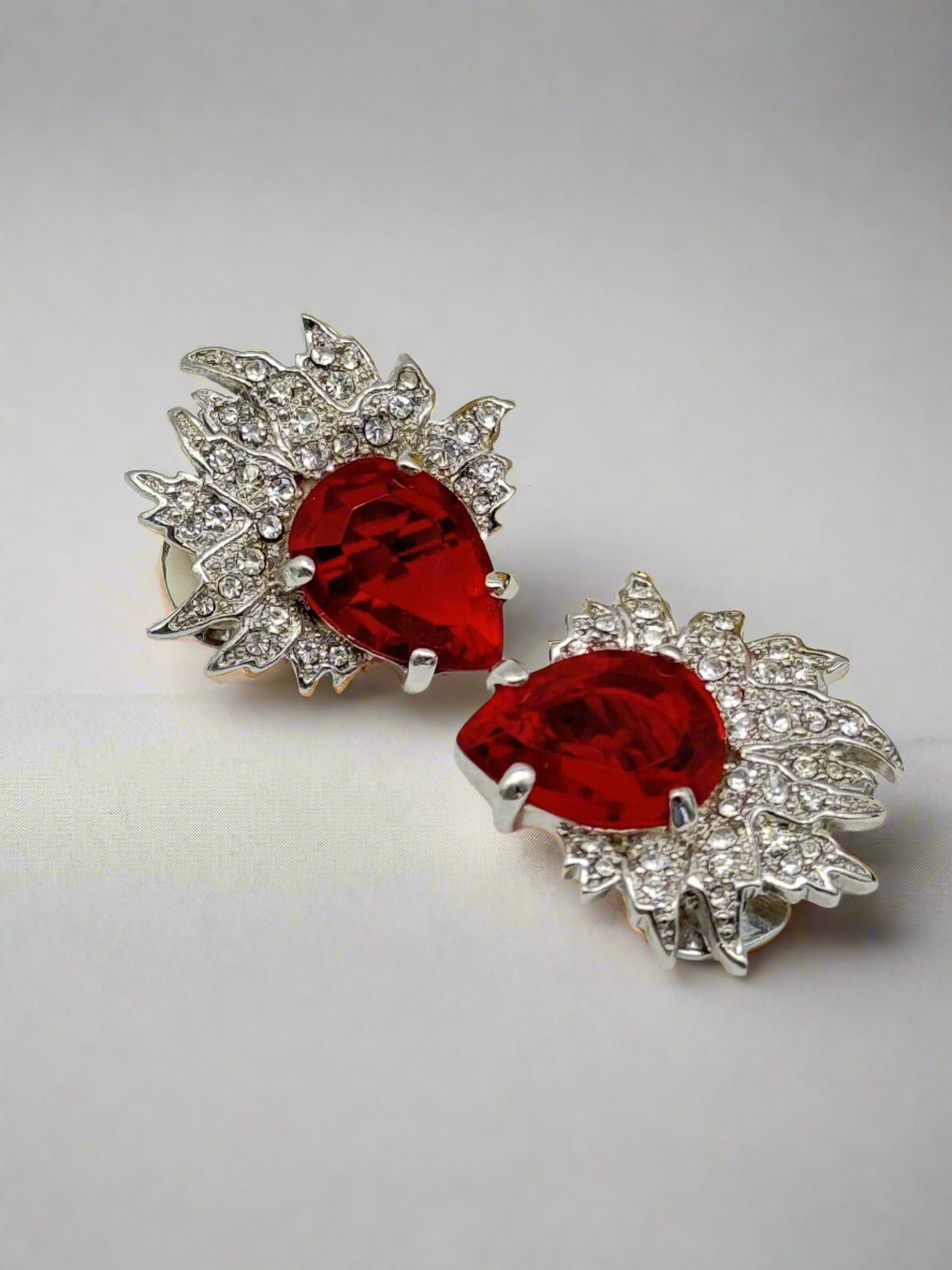 Signed Vintage SCAASI Red & Clear Rhinestone Clip On Earrings Silver Tone