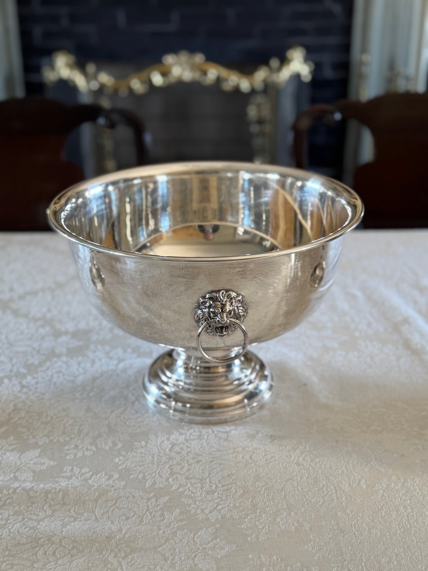 Vintage Silverplate Punch Bowl LARGE Wine Cooler Lion Head Ring Handles Rogers
