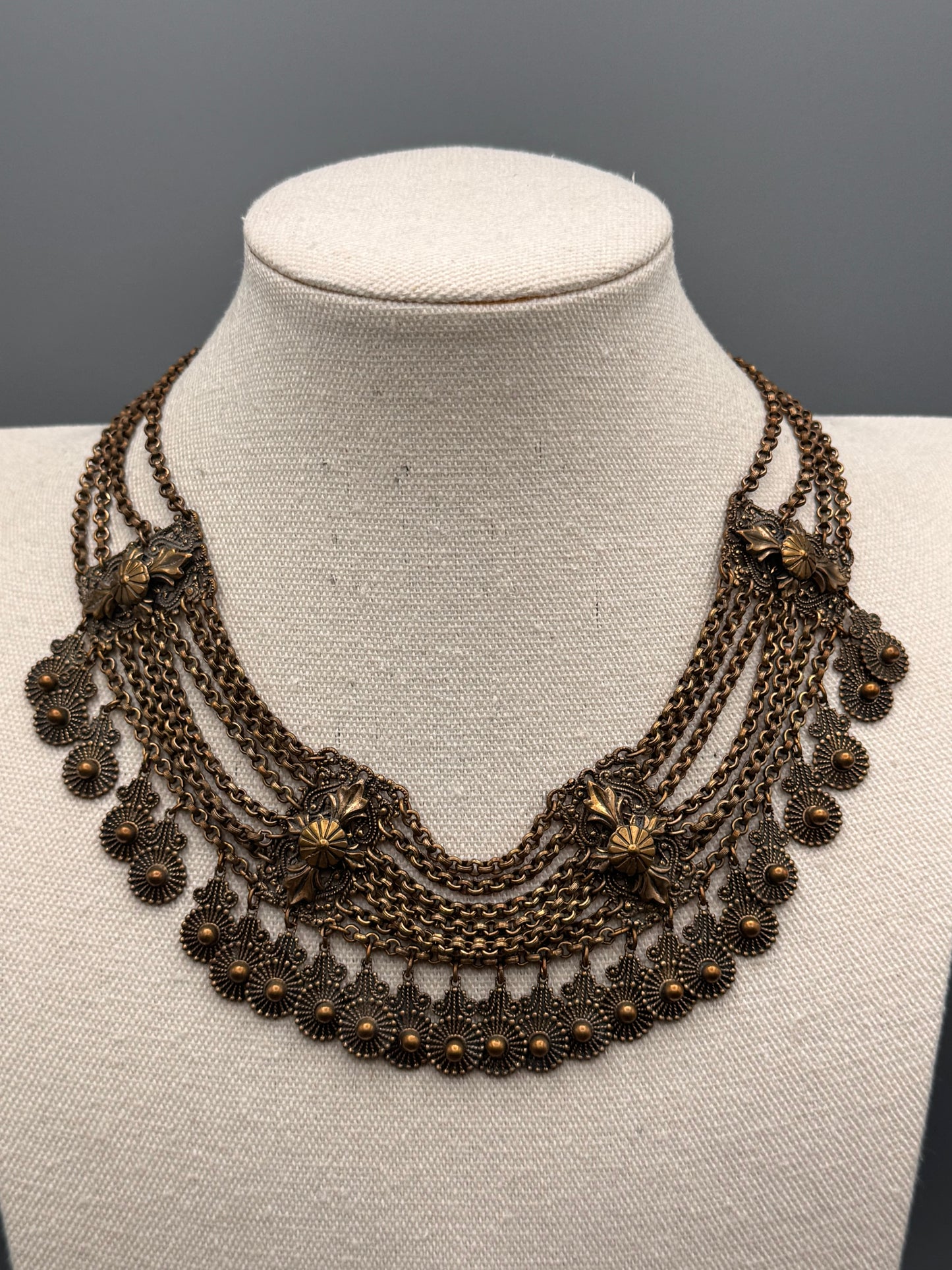 Vintage Festoon Necklace Brass Tone Multi Chain Dangle Statement 16”