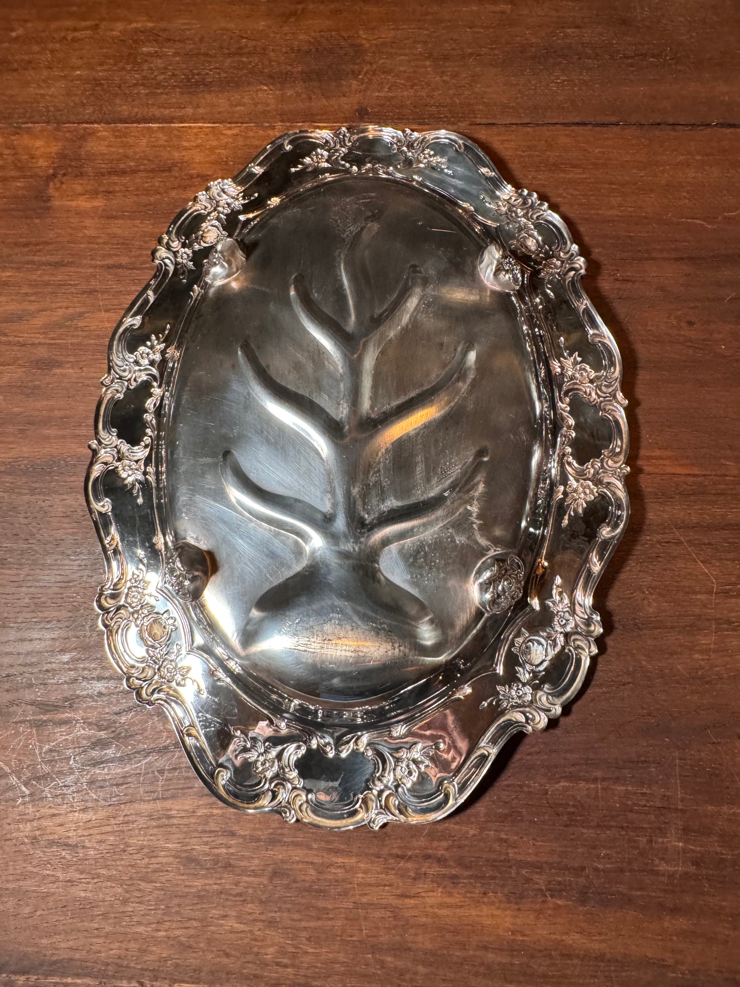 Towle Silverplate Meat Tray Repousse Rose Pattern Footed Oval 17”