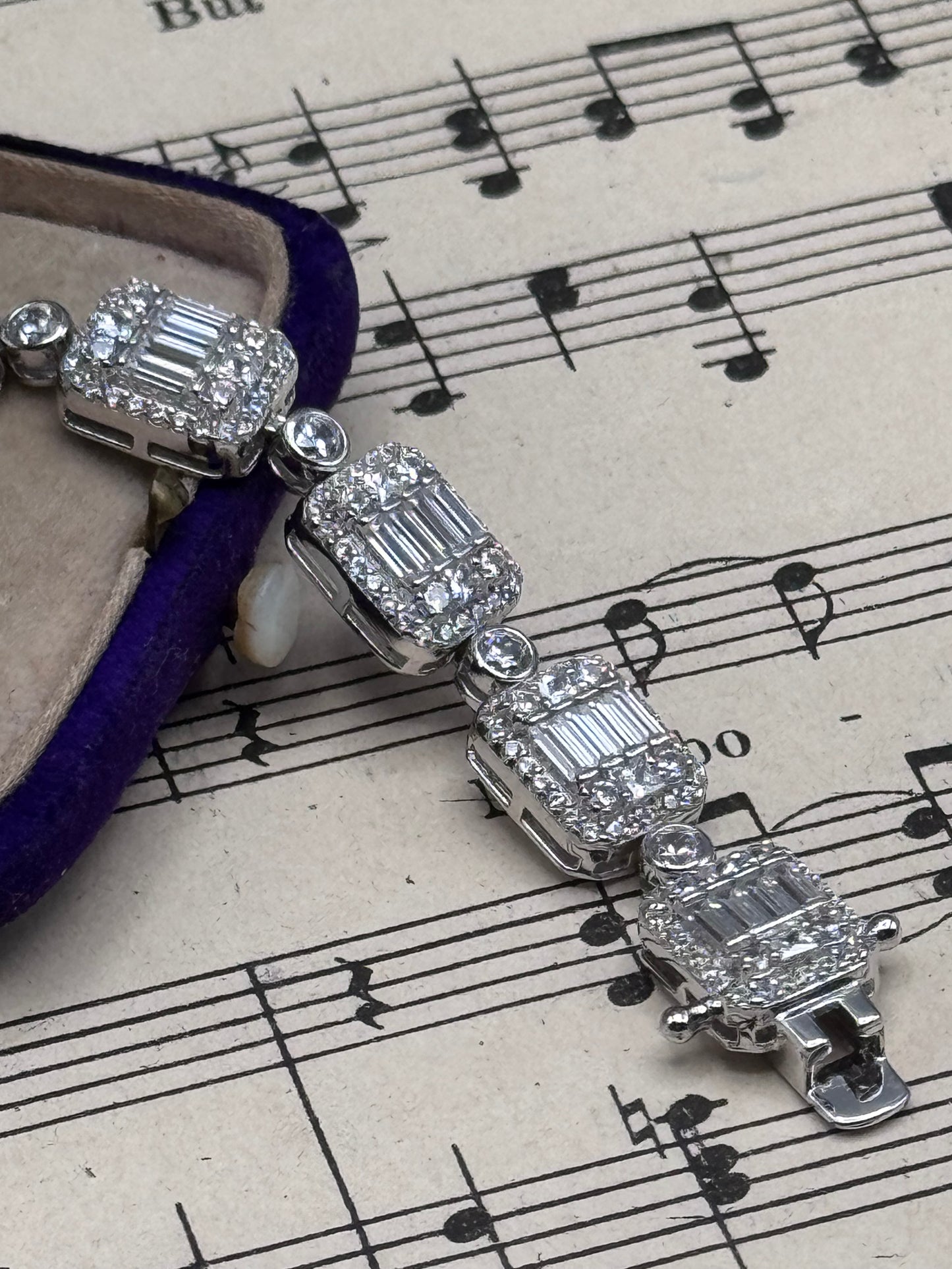 Sterling Clear Stones Tennis Bracelet 7” Baguette Halo Link Bracelet Signed W 925