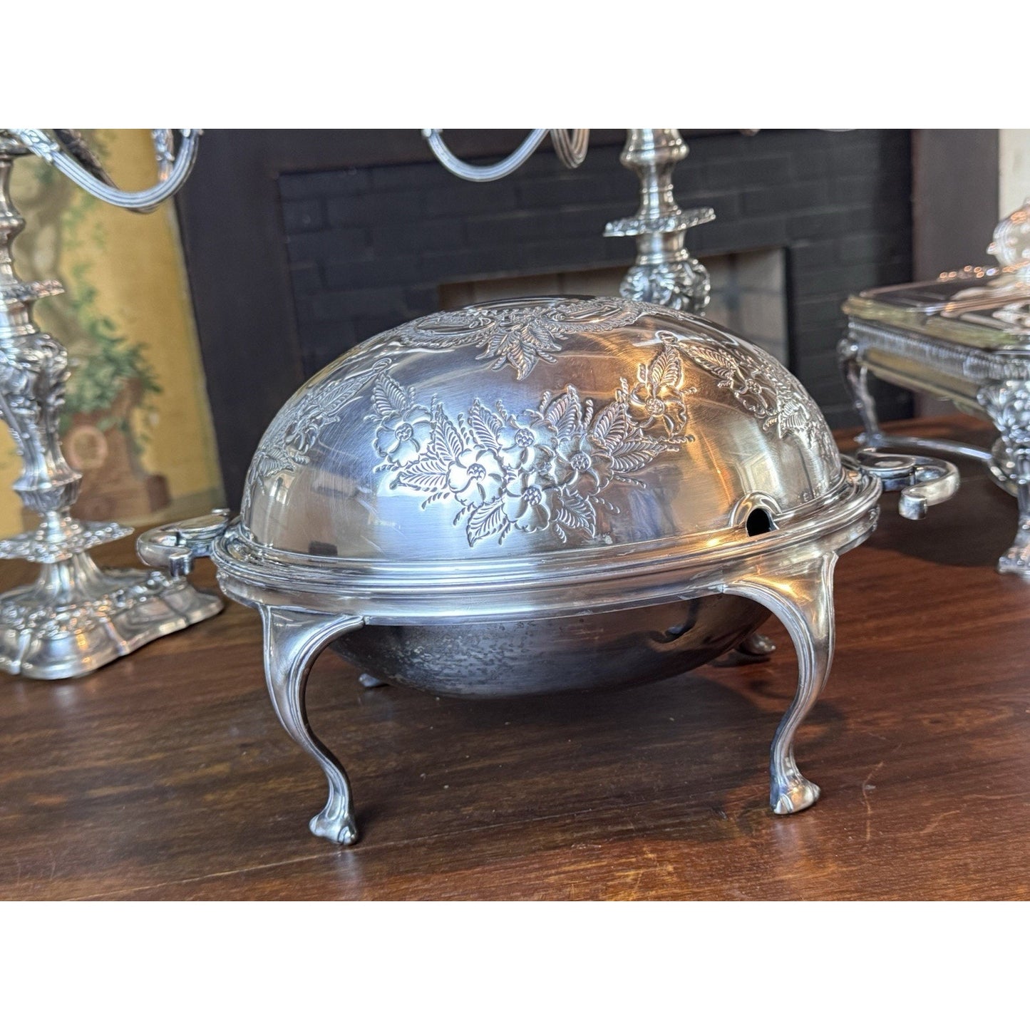 Roll Top Server Silverplate Repoussé English Floral Queen Anne Legs Covered Dish