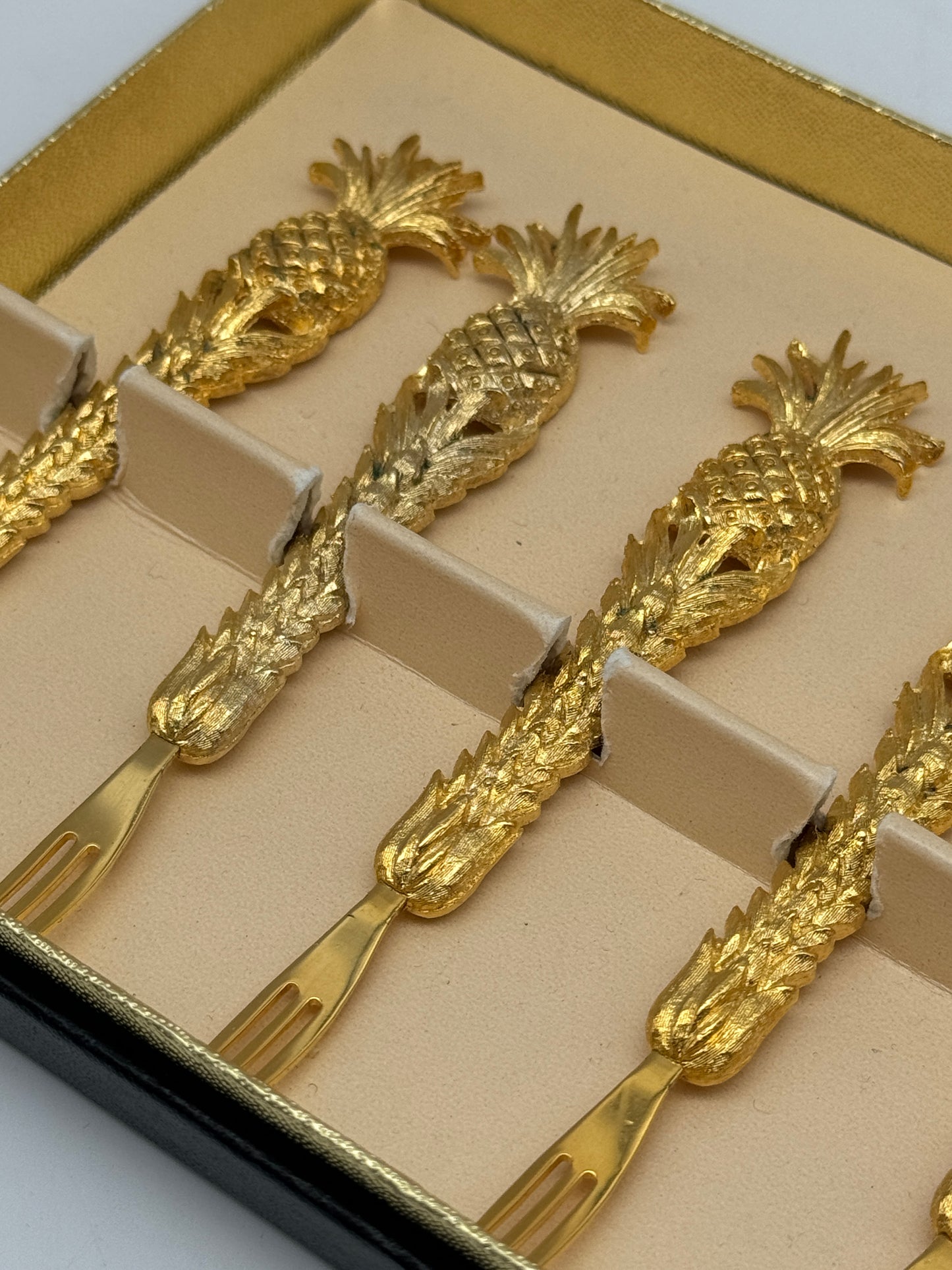 Vintage Canapé Fork Set 24kt Gold Plated Janis Collection 6 Pineapple Design