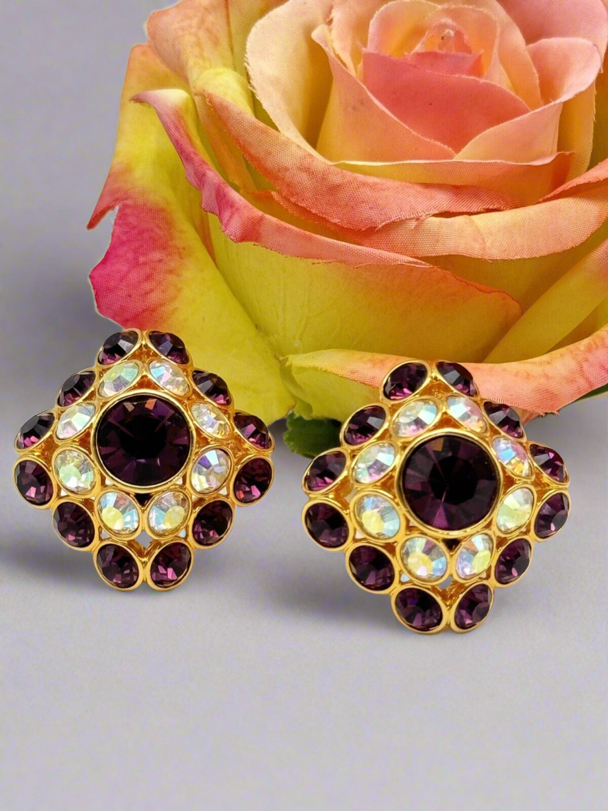 Vintage Pavé TRIFARI Purple AB Crystal LARGE SQUARE Earrings LIMITED EDITION