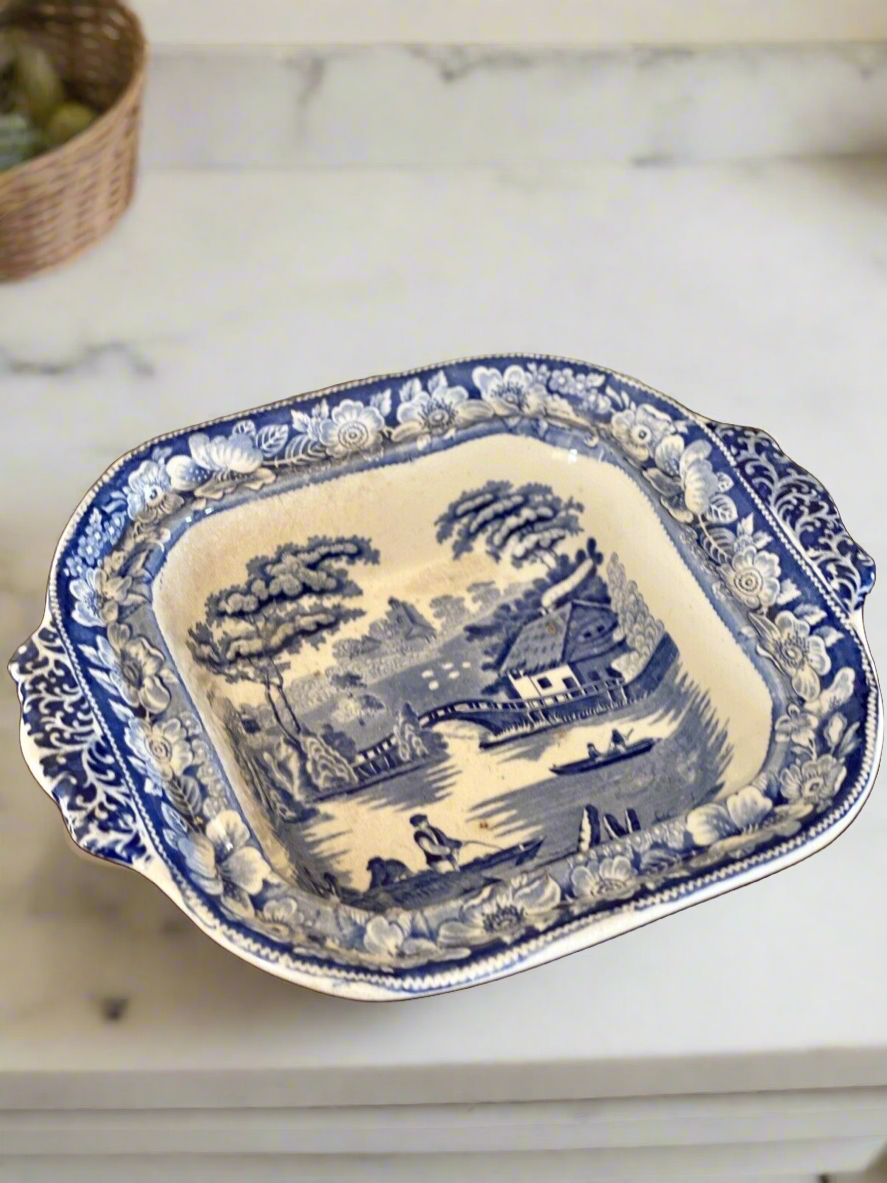 Antique Blue & White Lidded Tureen Landscape Scene With Lion Handle AS IS