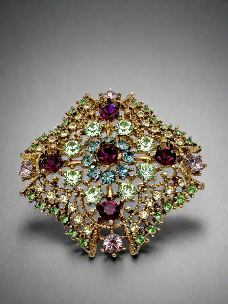 Vintage Large Signed Graziano Gemstone Colors Rhinestones Gold Tone Brooch Pin