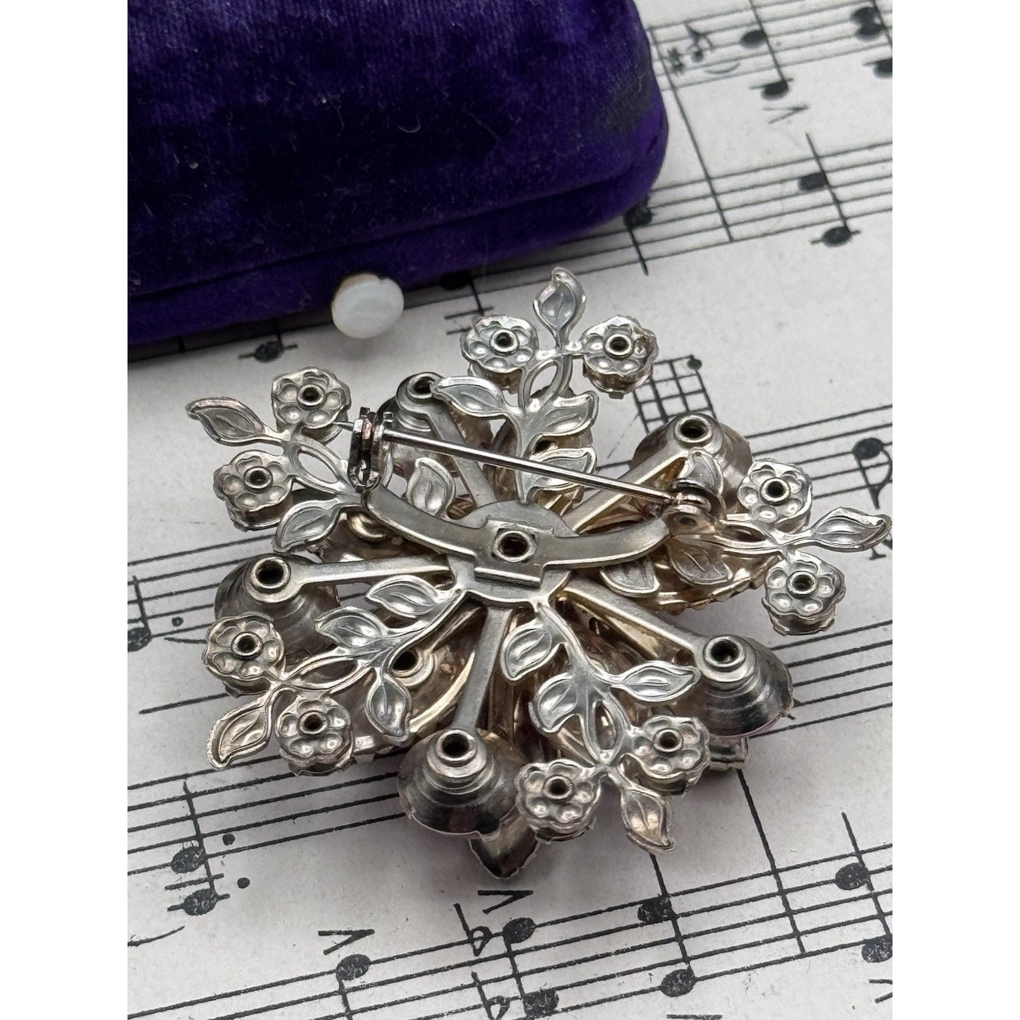Vintage Red Pink Rhinestone Floral Brooch Silvertone Layered Flower Pin 2”