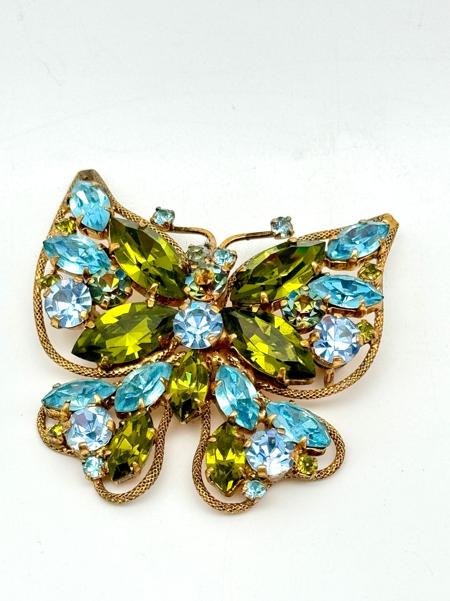 Vintage Austria Rhinestone Butterfly Brooch Signed Aqua Blue & Green