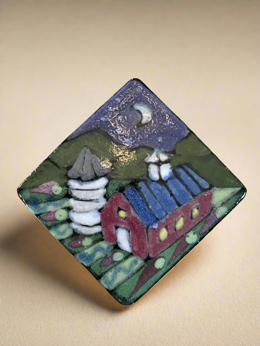 Farmhouse Brooch Artisan Mary Vaughn Ceramic Hand Made VINTAGE