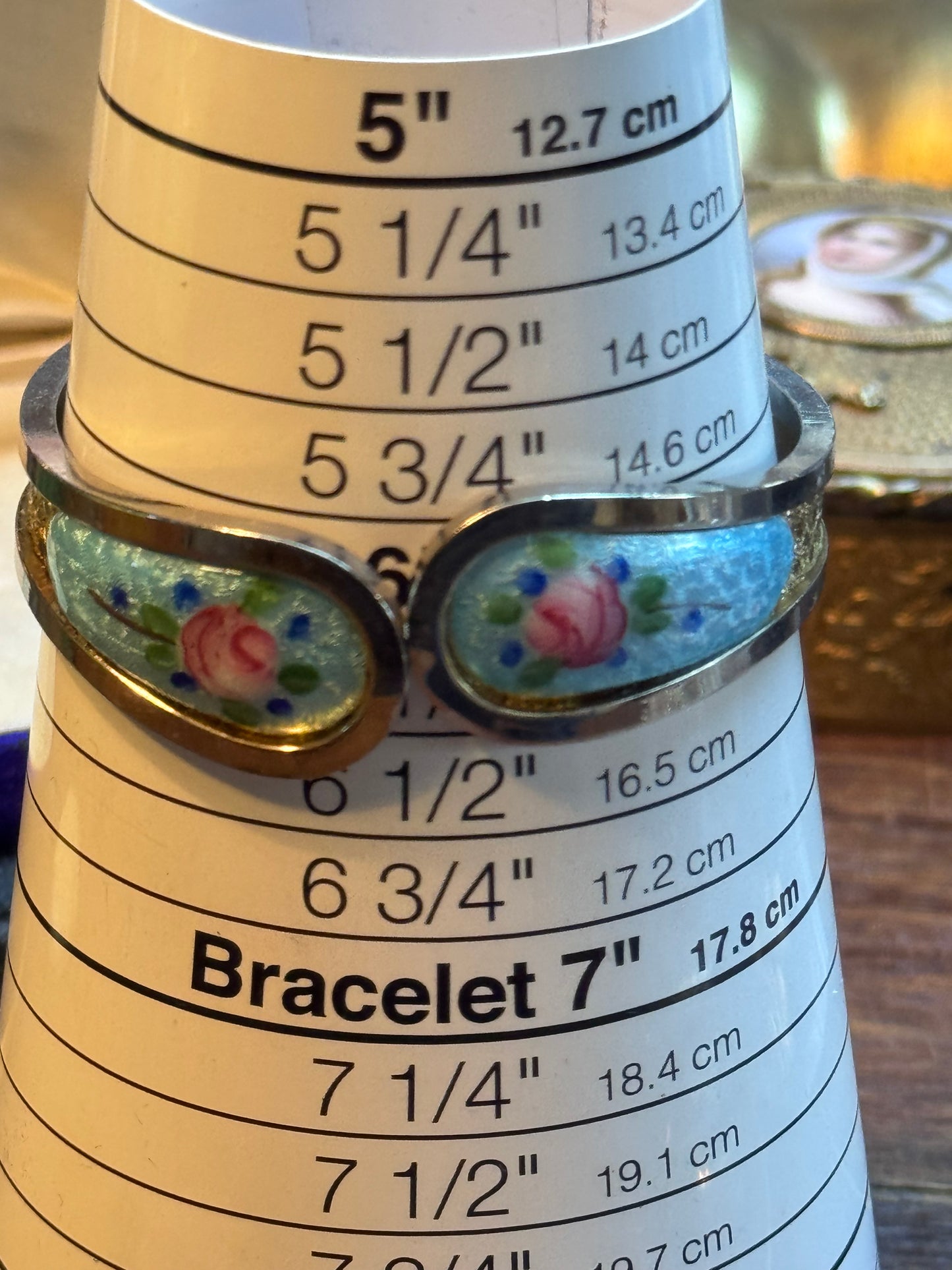 Vintage Guilloché Floral Clamp Bracelet Silver Goldtone Rose Design 6”