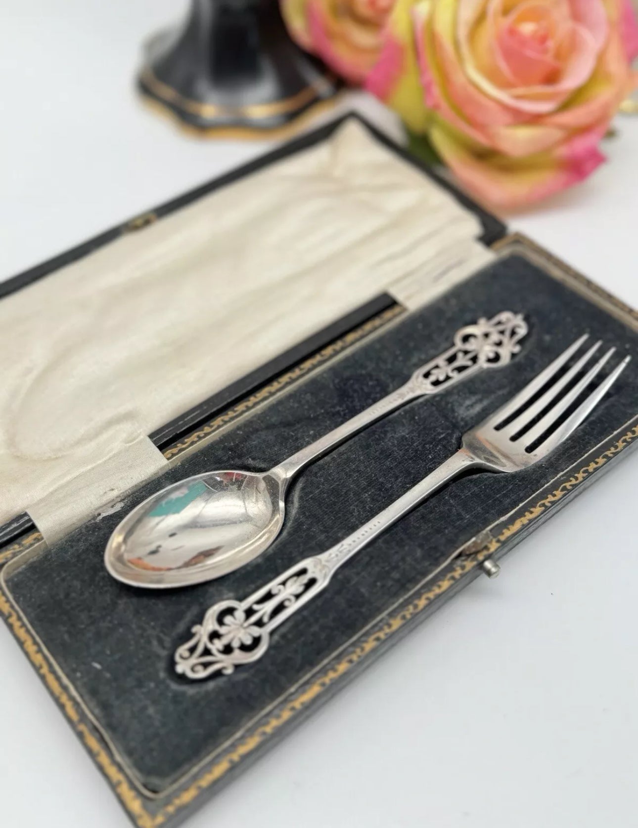 Antique English Christening Set In Case Spoon & Fork Silverplate