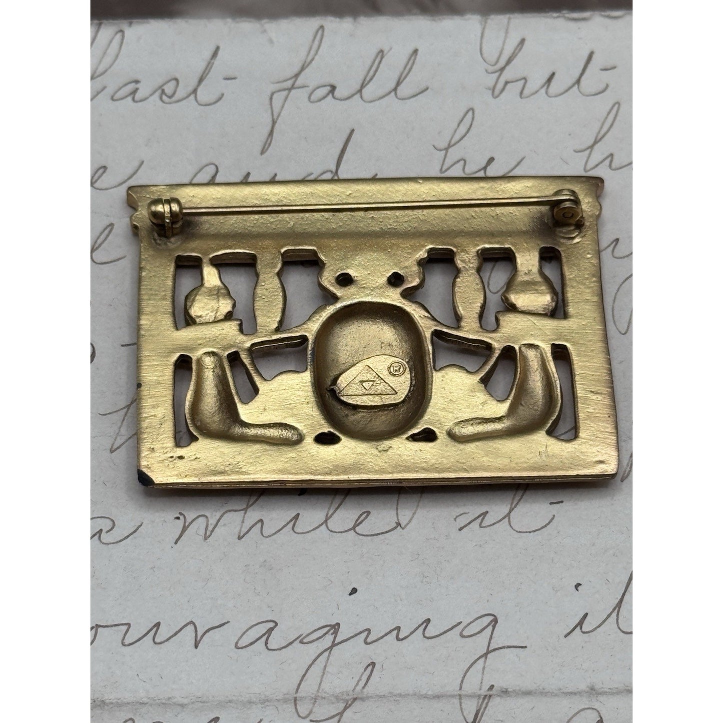 Egyptian Revival Goldtone Scarab Brooch Blue Cabochon 1.75” ESTATE FIND