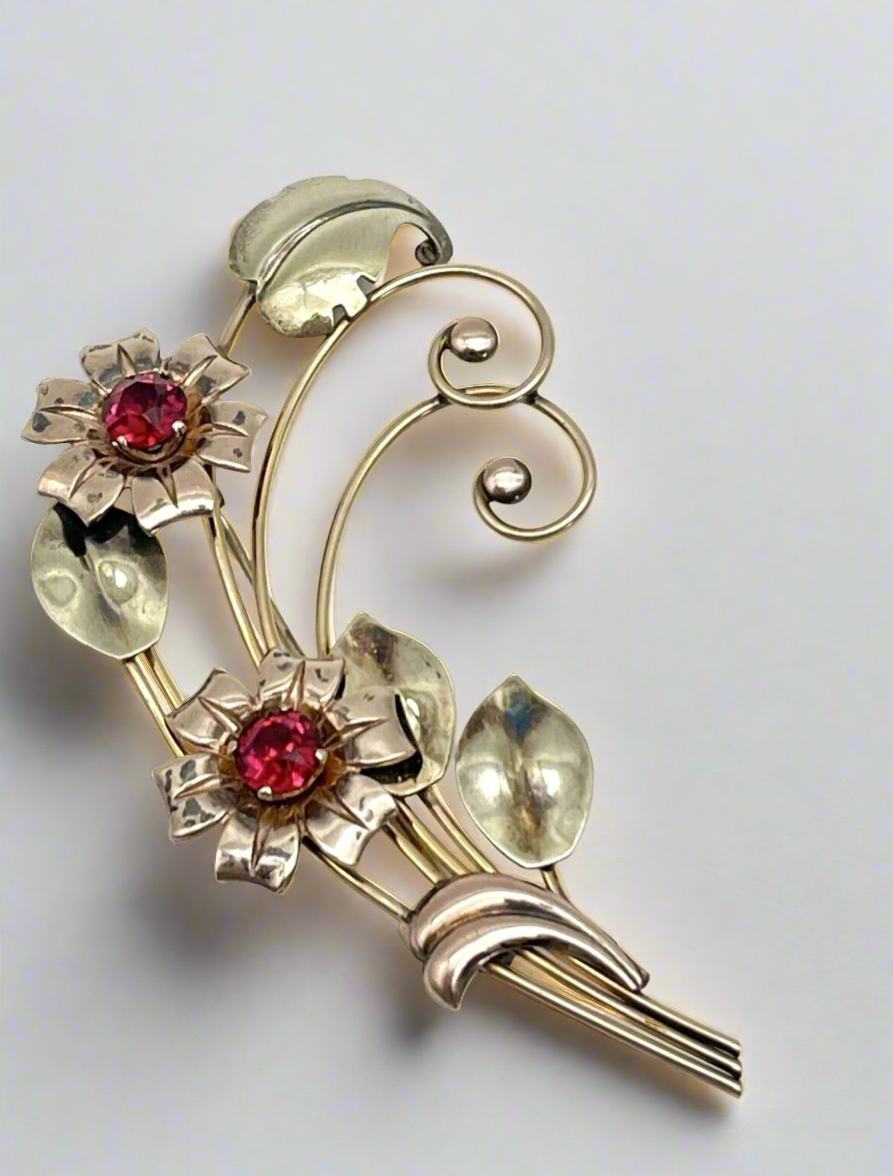 Vintage Harry Iskin 1/20 10K Gold Filled Red Flower Bouquet 3” Brooch Pin