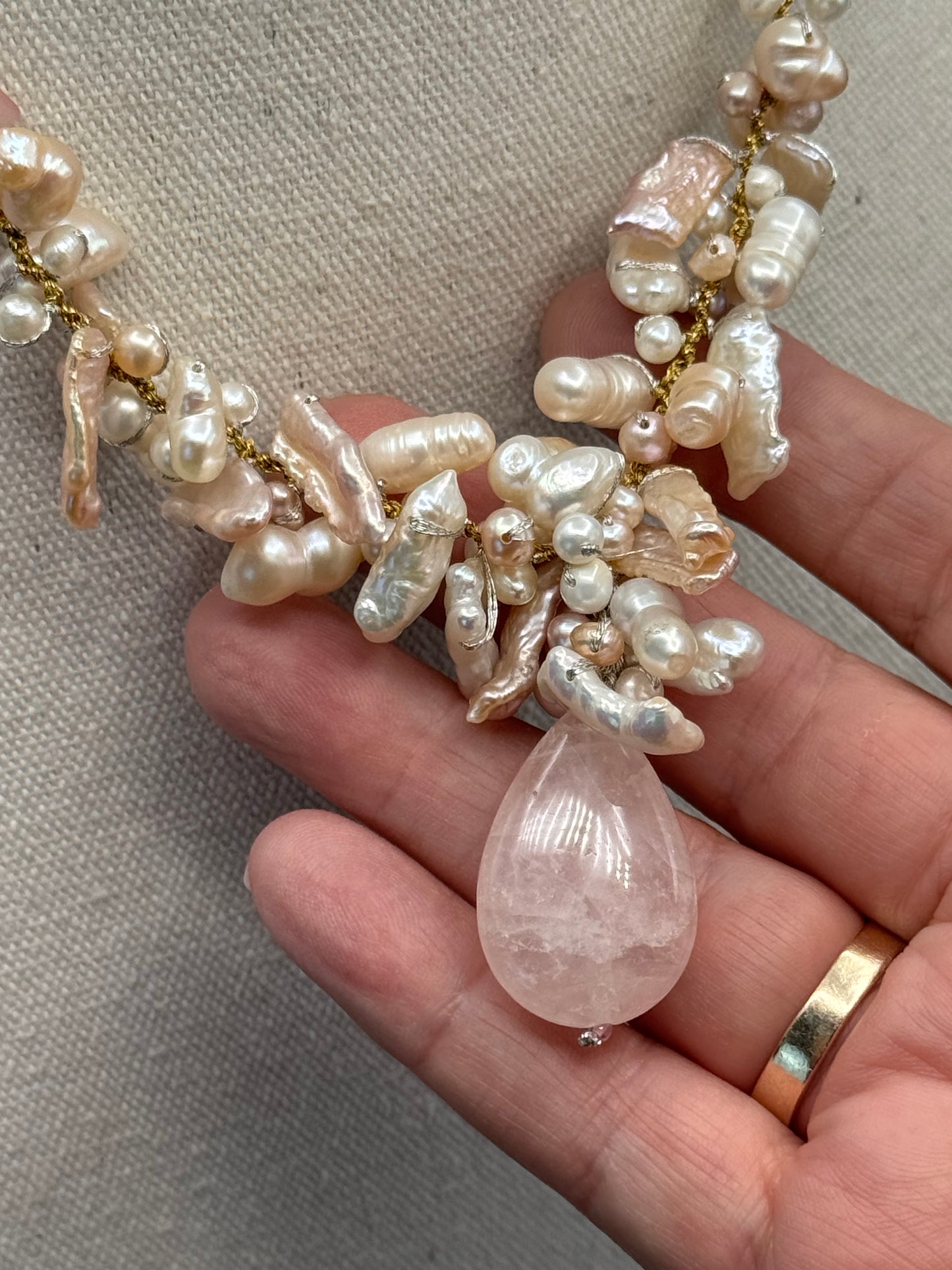Handmade Pearl Rose Quartz Necklace Hand Knotted Baroque Pearls 16”