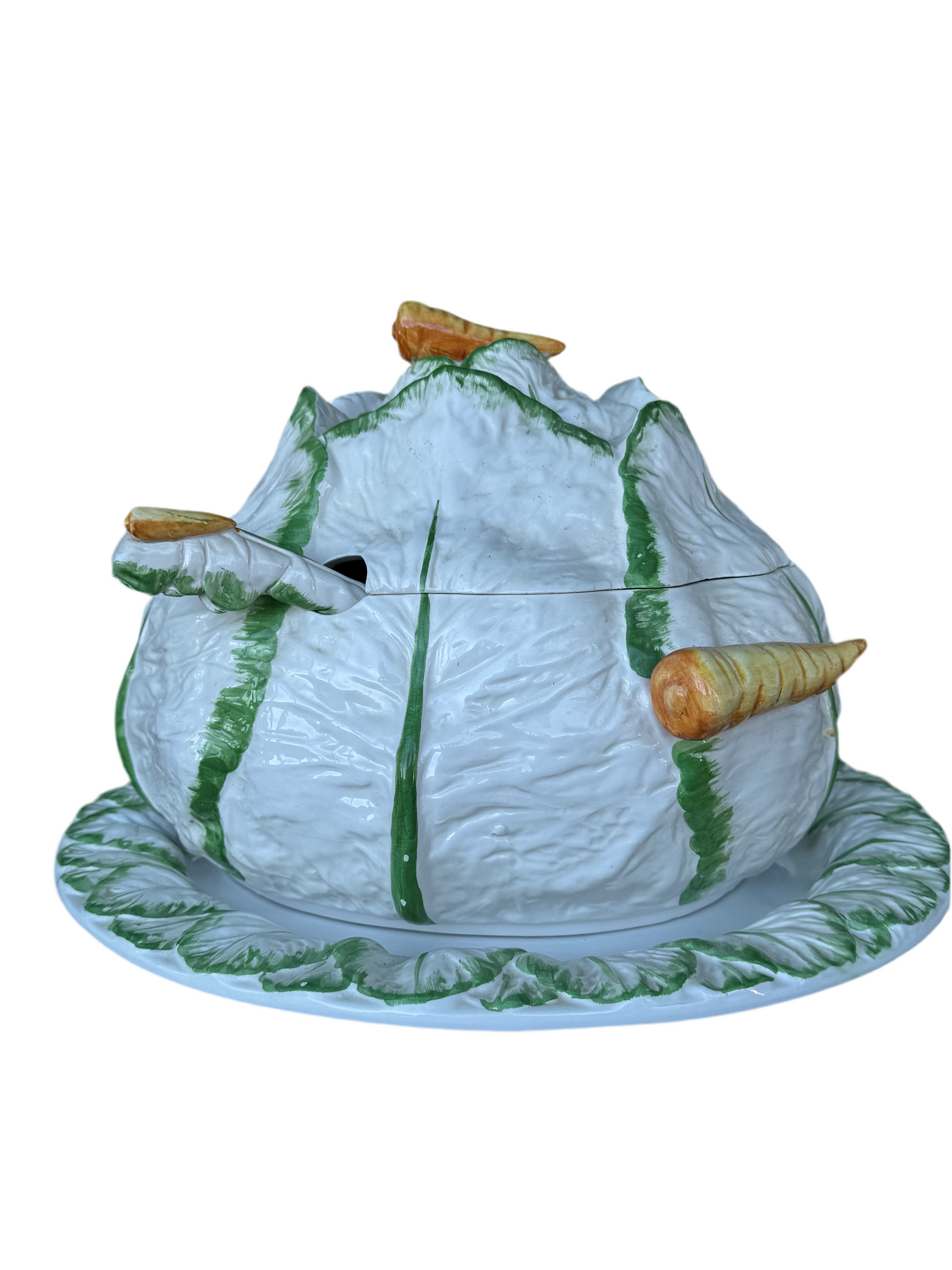 VINTAGE Italian Majolica Cabbage Tureen Set Carrot Handles Platter Ladle RARE