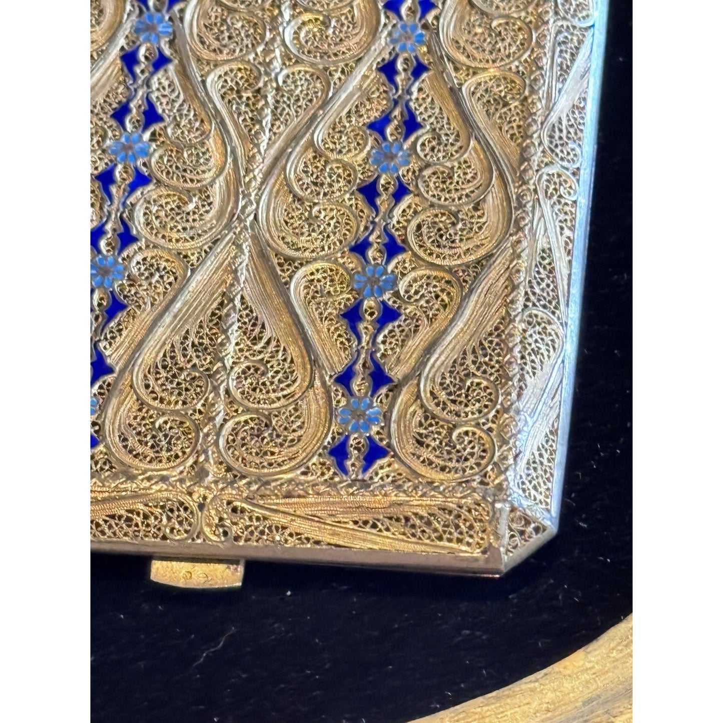 Vintage Cannetille Silver Case Blue Enamel Gilt - Business Card Holder-