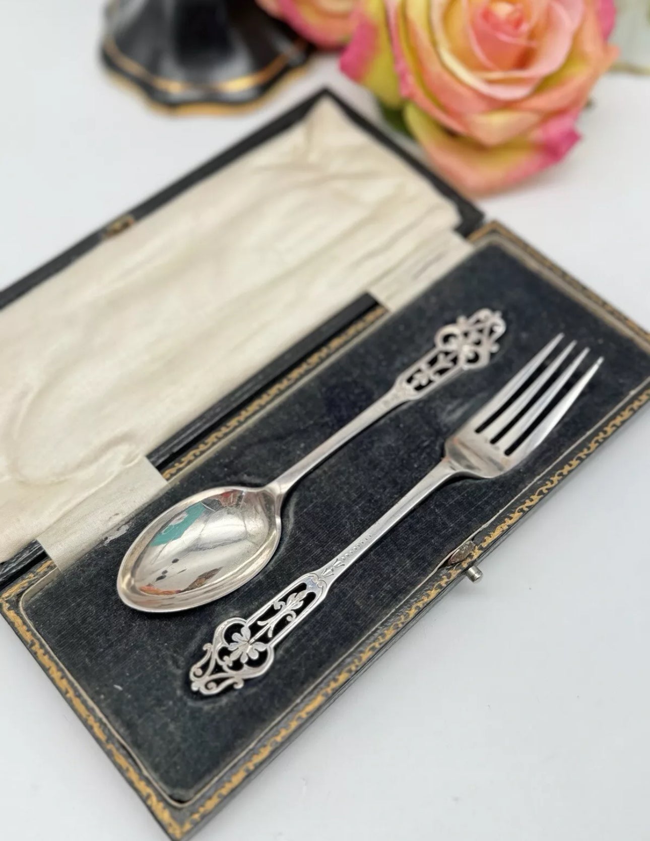 Antique English Christening Set In Case Spoon & Fork Silverplate