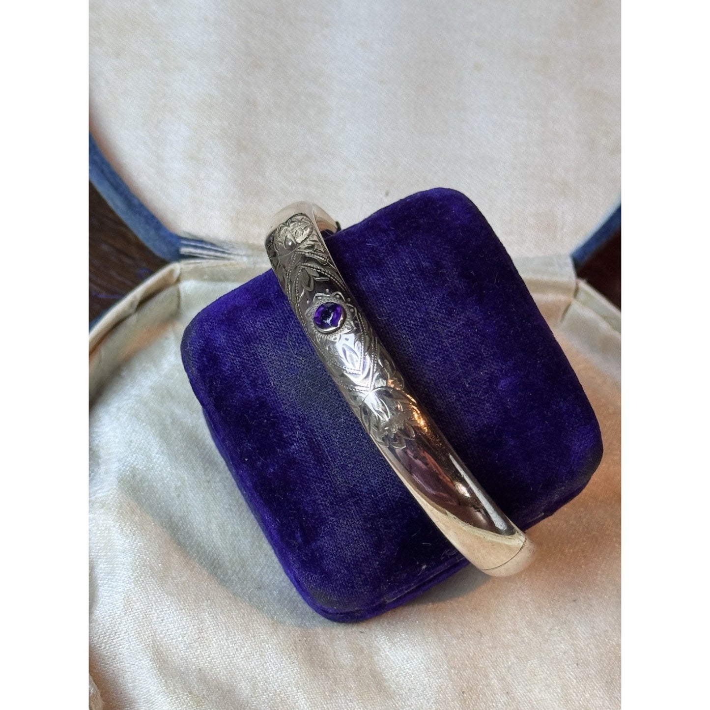 Antique EDWARDIAN Gold-Filled Bangle Bracelet Purple Stone Engraved Hinged 7.25”
