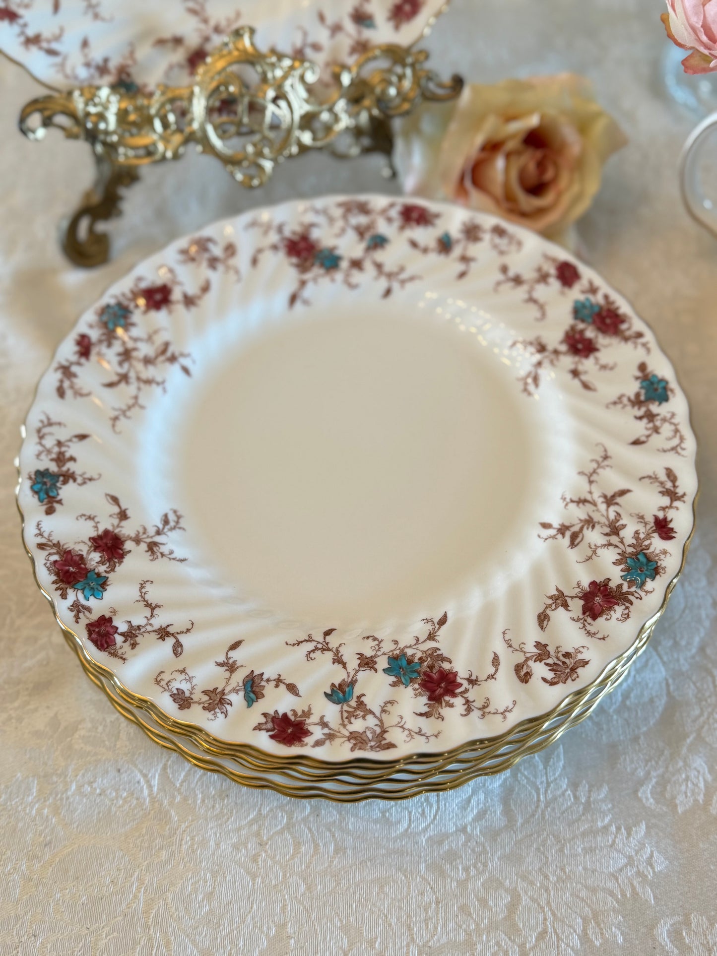8 Vintage Minton Ancestral 10.5” Dinner Plates Bone China Made In England