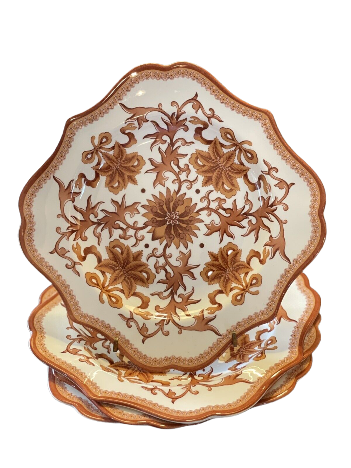 Set Of 4 Indian Red Spode Luncheon Plates Serpentine Square 9”