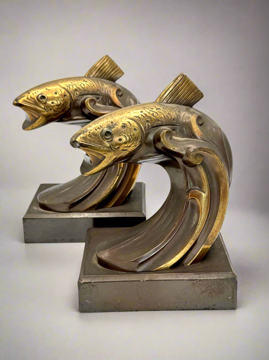 Vintage ART DECO Bronze Brass Style Book Ends TROUT Fish Estate Find Heavy!