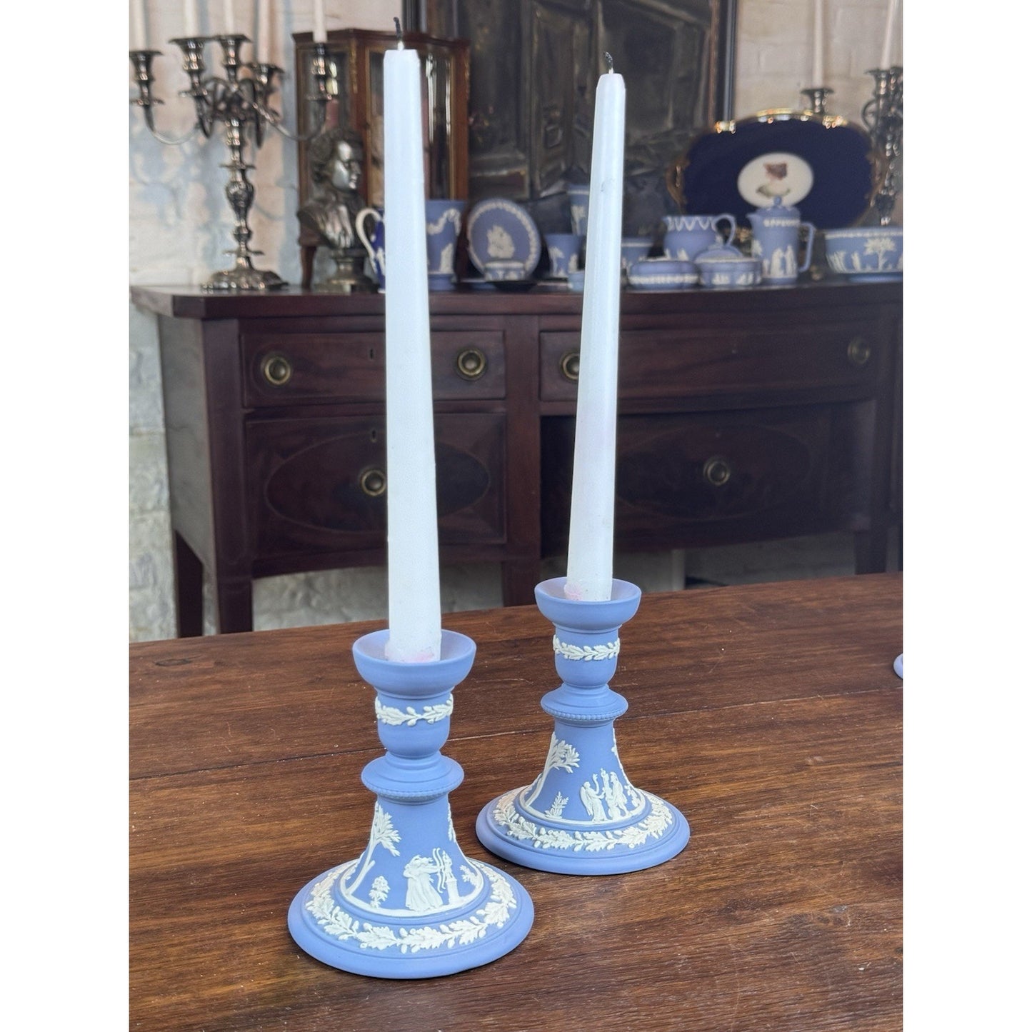 Wedgwood Blue Jasperware Candlestick Pair NEOCLASSICAL Figures 1982 4.75”