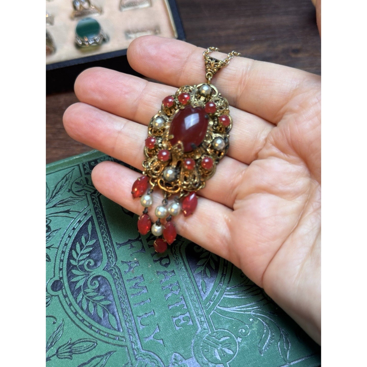 Vintage Filigree Brooch Pendant Necklace Red Art Glass Faux Pearl Dangle 27.5”