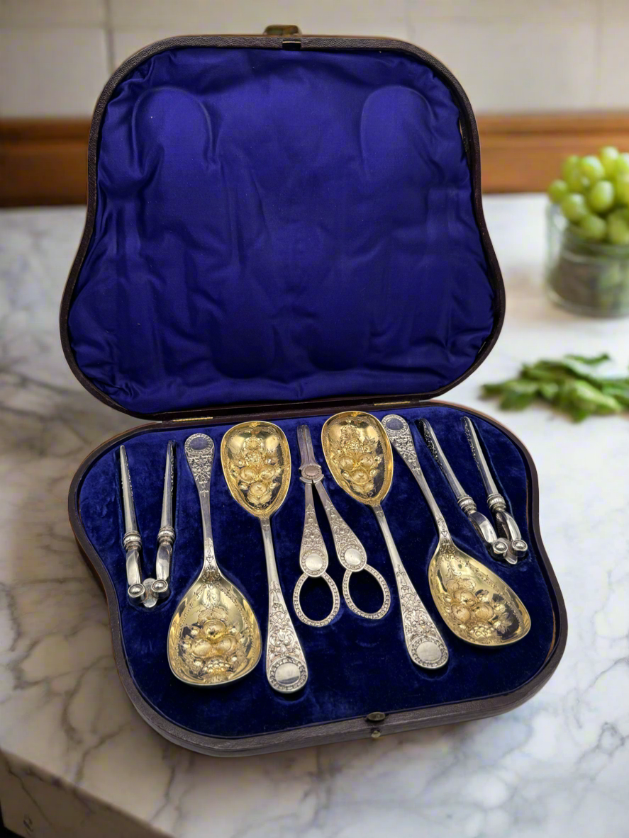 Victorian Martin Hall & Co. Silver Plate 7 Piece Dessert Set in Leather Case 1868 “Kite Mark”