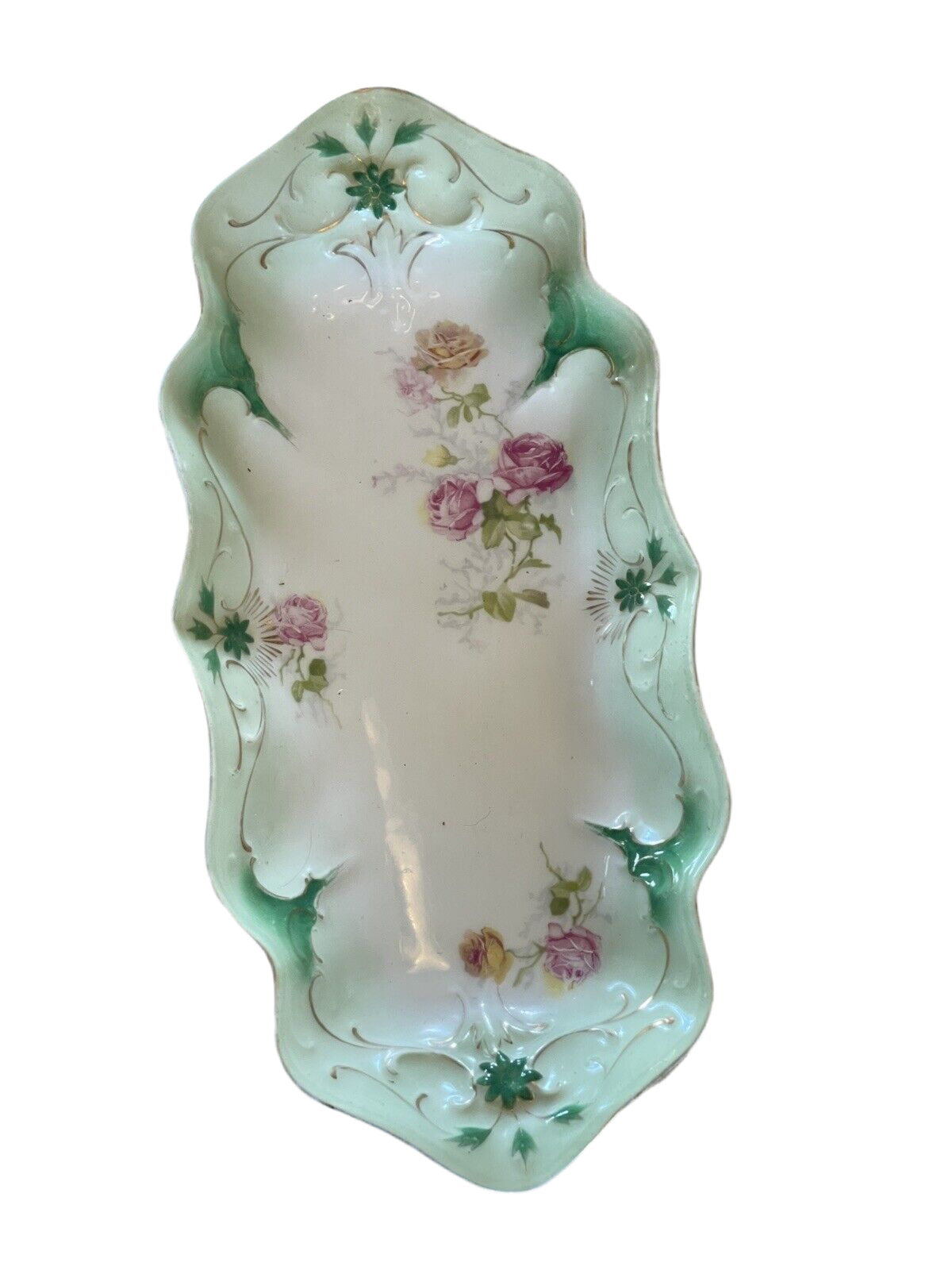 Antique Victorian Carl Tielsch Celery Dish Roses With Green Border