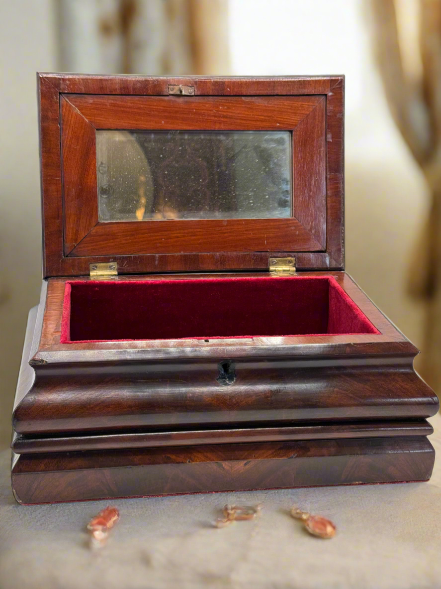 Antique Georgian Style Wooden Chest With Mirror Lined in Red Velvet circa 11.5” x 7.75” x 5.25”