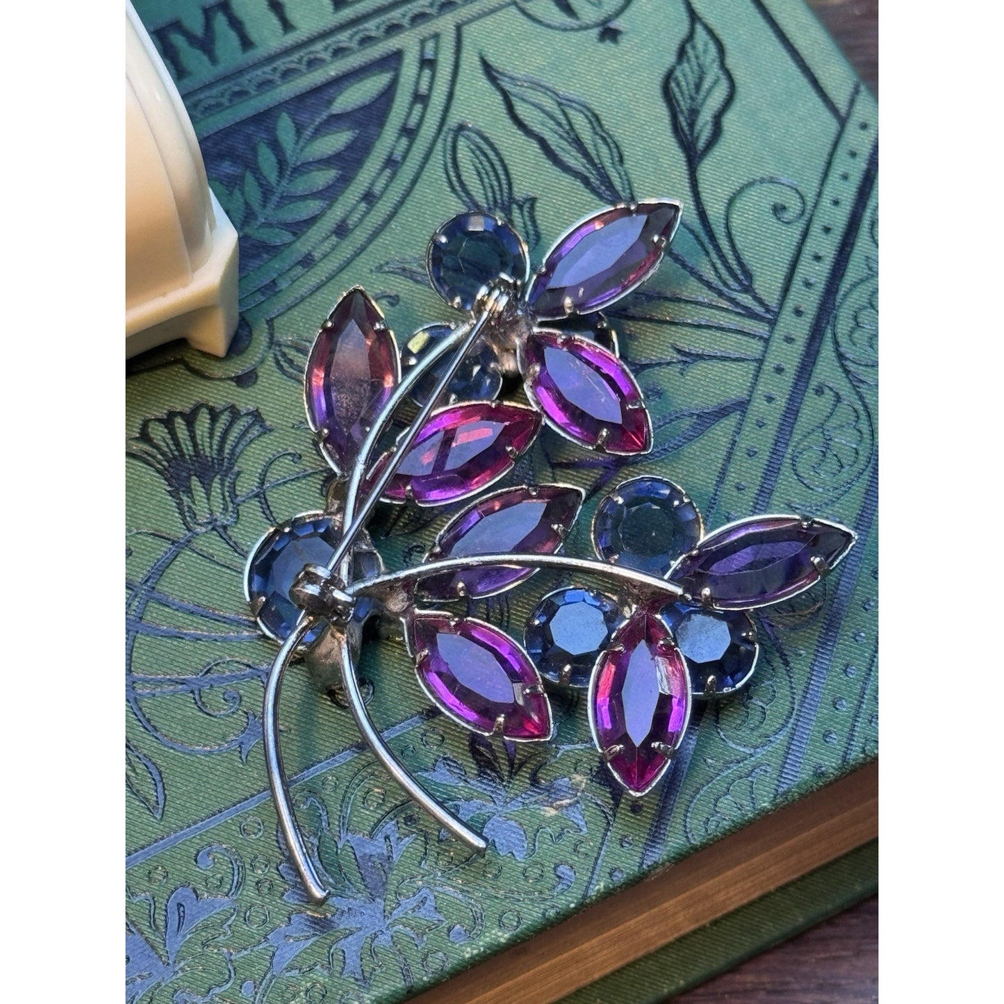 Vintage Blue Pink Rhinestone Flower Brooch Duo Set Silver Tone Floral Pins