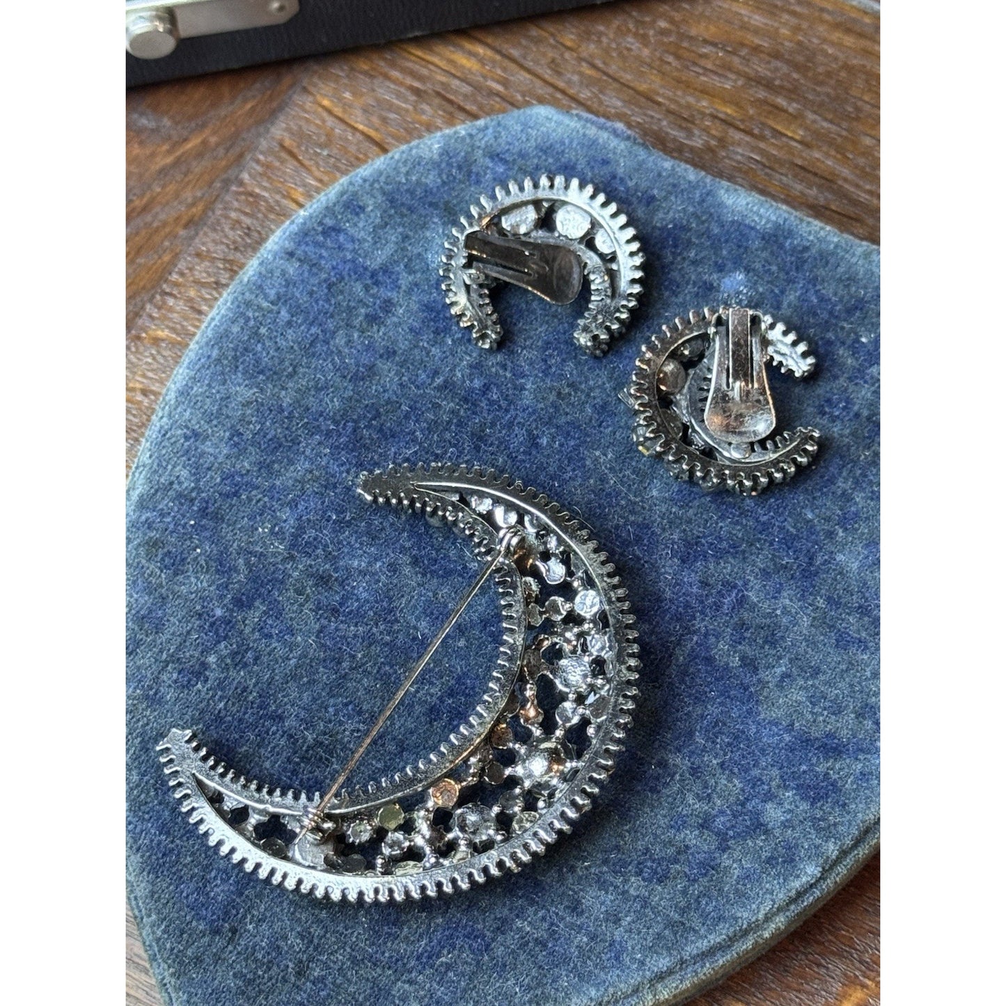 Vintage Rhinestone Crescent Moon Brooch Earrings Set Gray Clear Clip-On 3 Pc