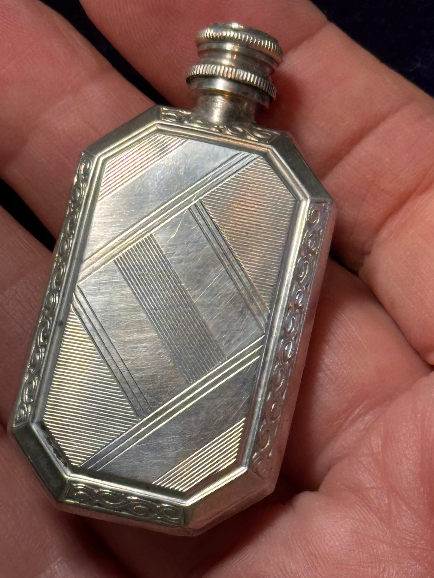 800 Silver Perfume Bottle Art Deco Engine Turned 2.25” Antique