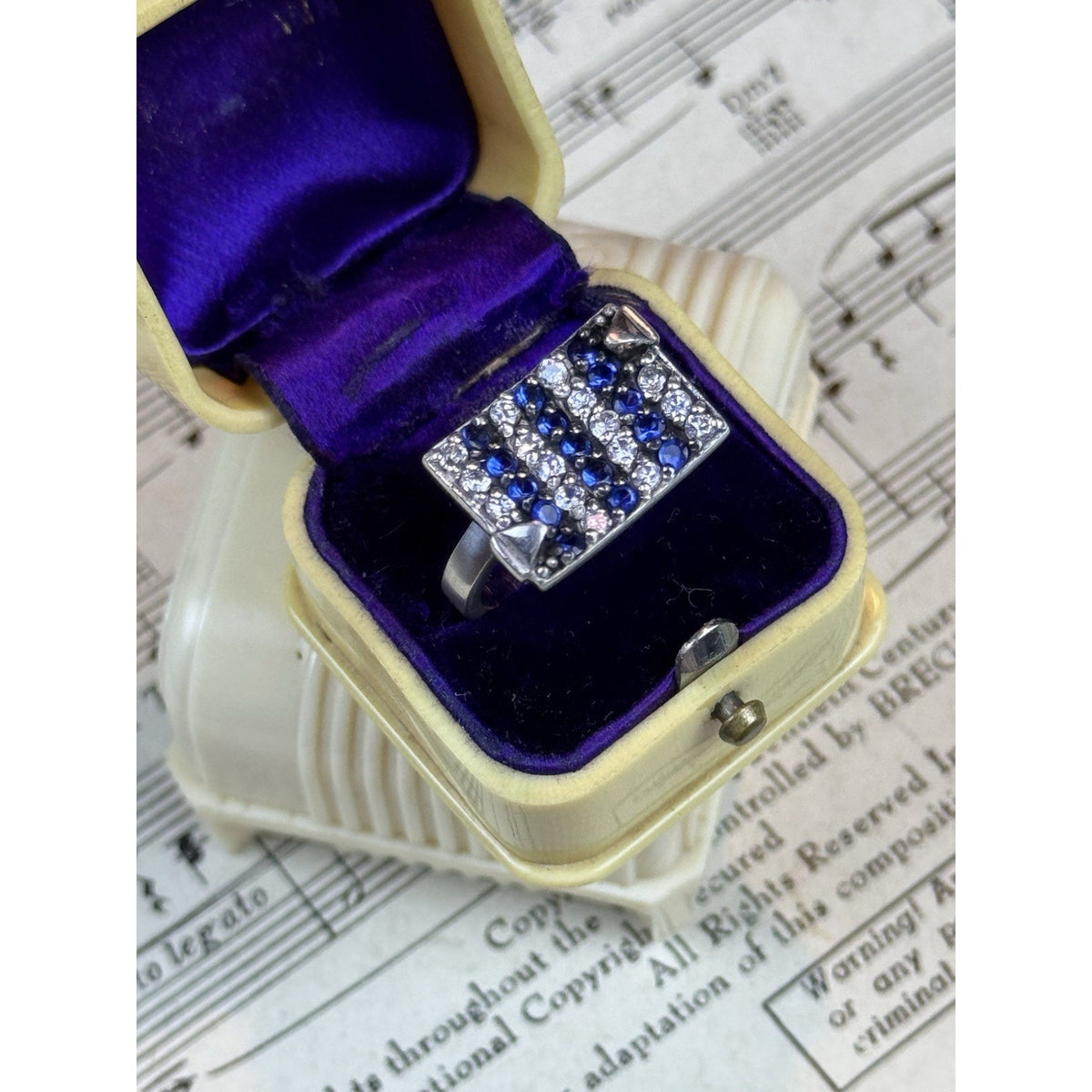 Sterling Silver Blue Clear Rhinestone Statement Ring Vintage 925 Size 7
