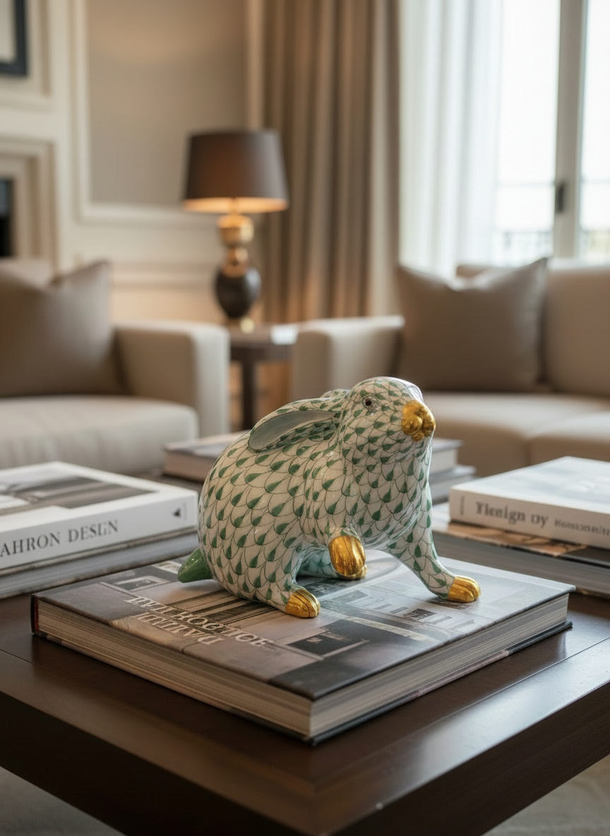 Vintage Herend GREEN Bunny Fishnet Figurine With Gold Detail Circa 4.25”h ESTATE FIND