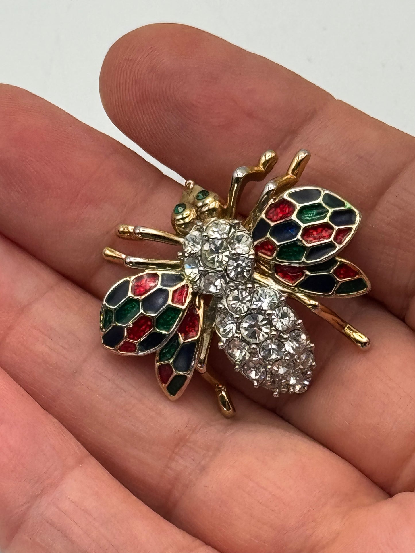 Vintage Bee Brooch Clear Rhinestone Enamel Red Blue Green Goldtone Ca. 1.38”