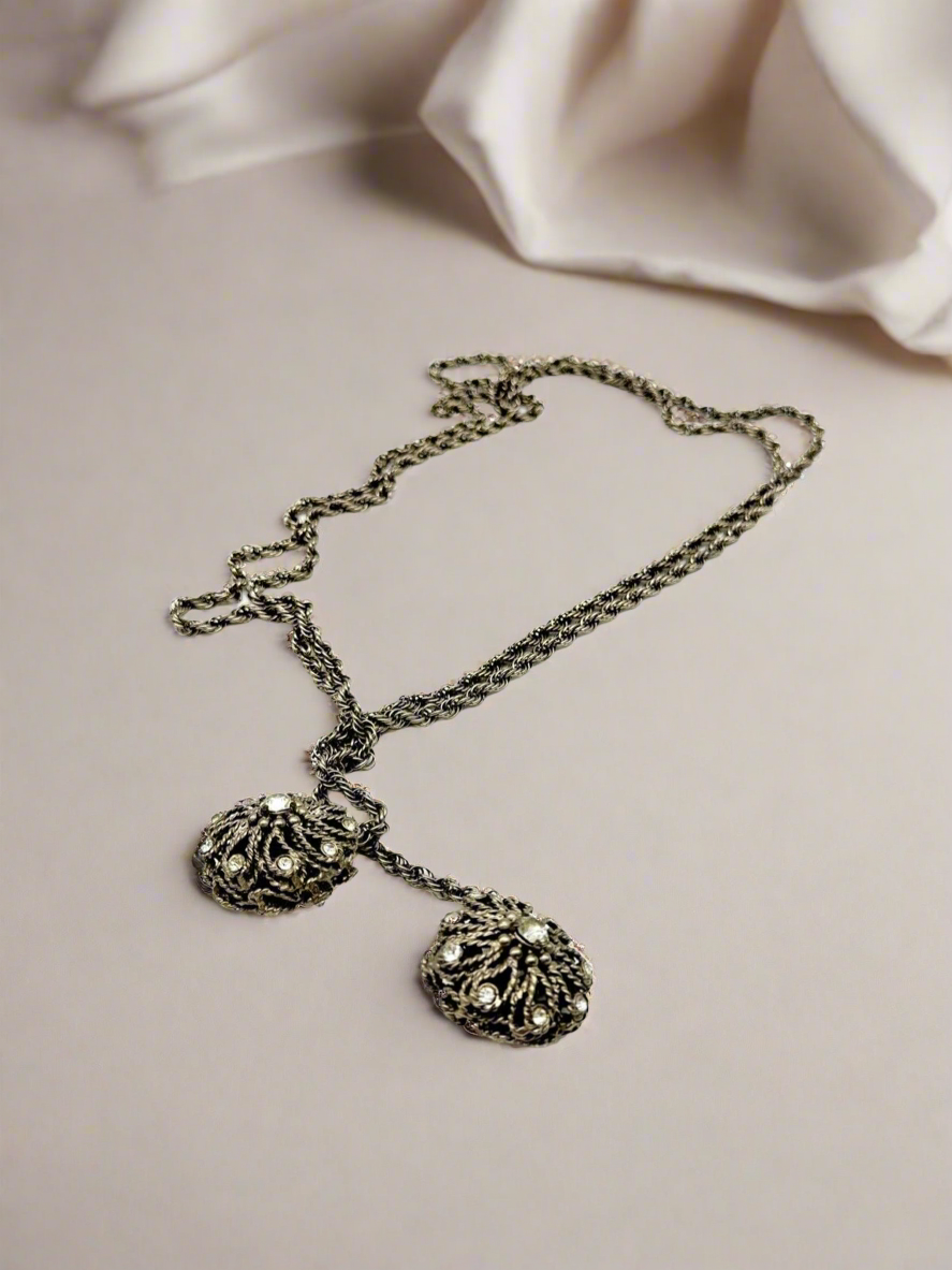 Vintage Silver Tone Lariat Chain Necklace Or Belt With Rhinestones ca. 62”