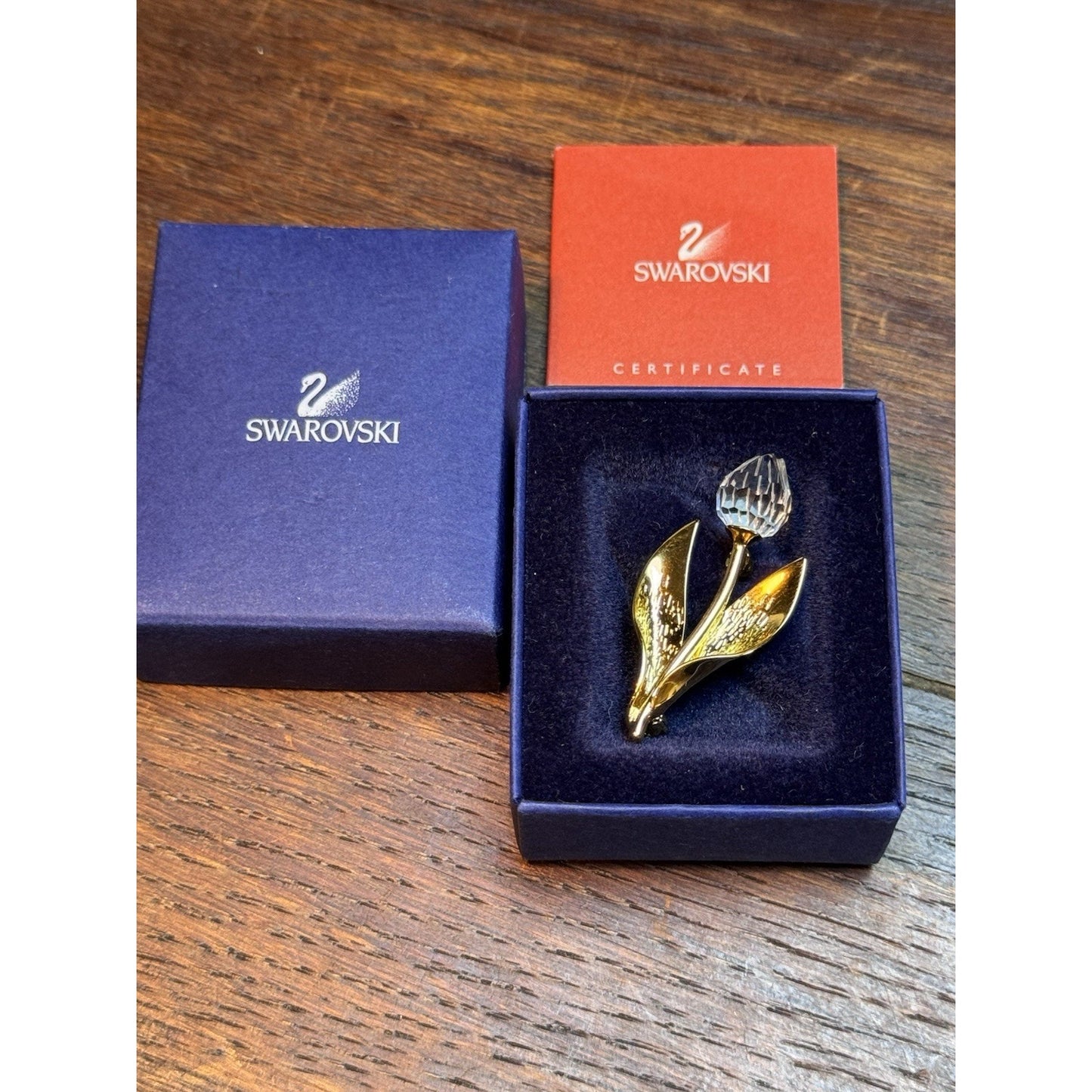 Vintage Swarovski Crystal Tulip Floral Flower Brooch Pin Gold Tone Signed In Box