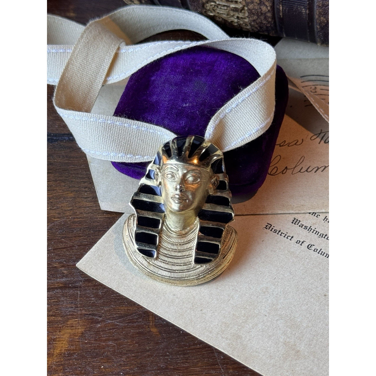 Pharaoh Tutankhamen Brooch Pendant E Pearl Egyptian Revival Black Enamel 2”