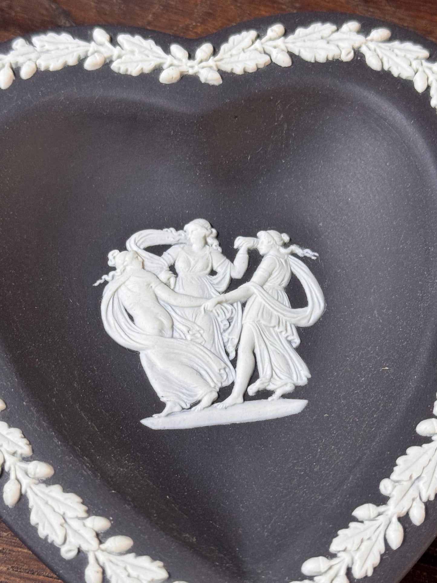 Vintage Wedgwood Jasperware Heart Dish Black White Three Graces 4.5”