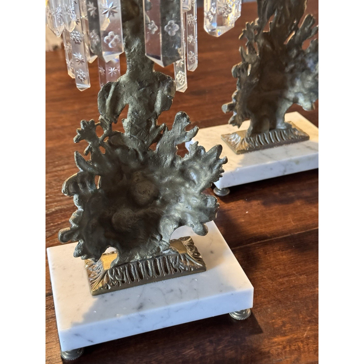 Girandole Candelabra Set Goldtone Floral Marble Crystal Prisms 3 Piece 18” 15.5”