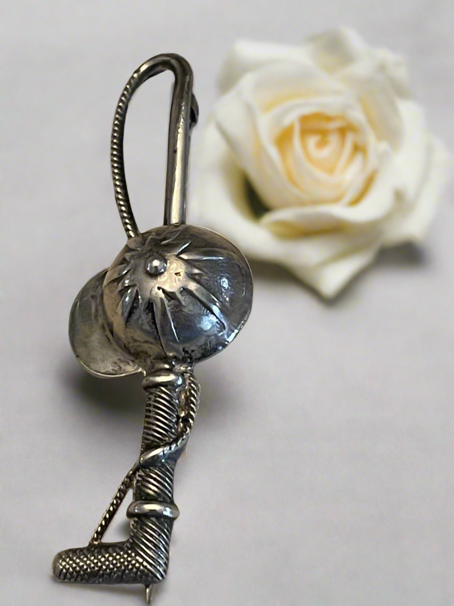 Equestrian Sterling Silver Jockey Crop & Cap Brooch VINTAGE