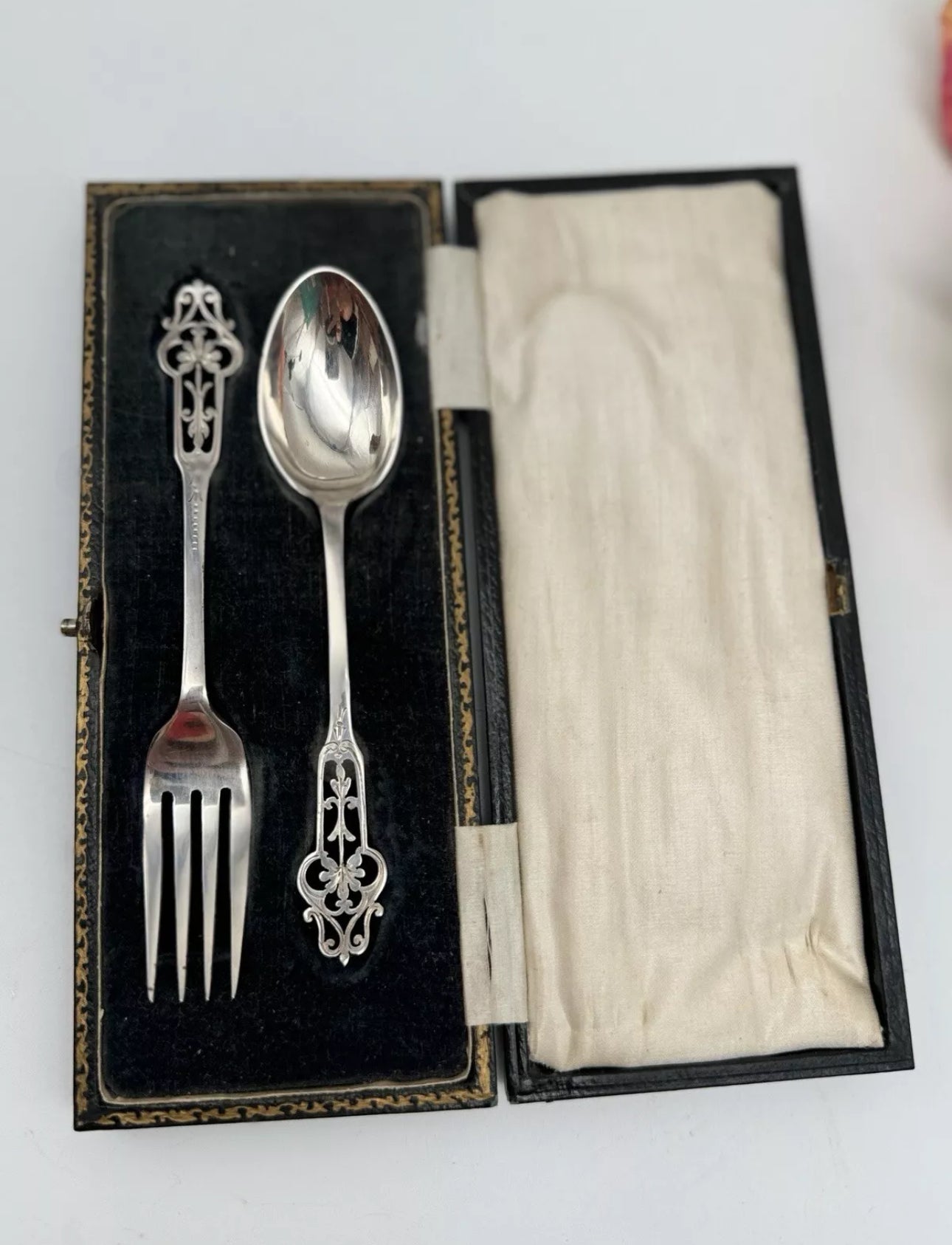 Antique English Christening Set In Case Spoon & Fork Silverplate