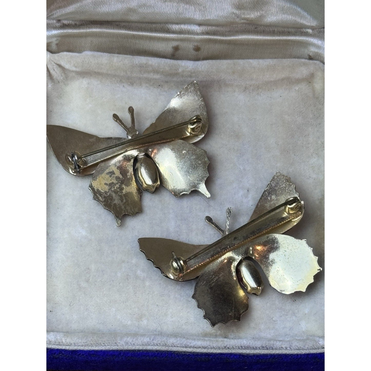 Vintage Butterfly Brooch Pair Hand Painted Enamel Rhinestone Moth Pins 1.75”