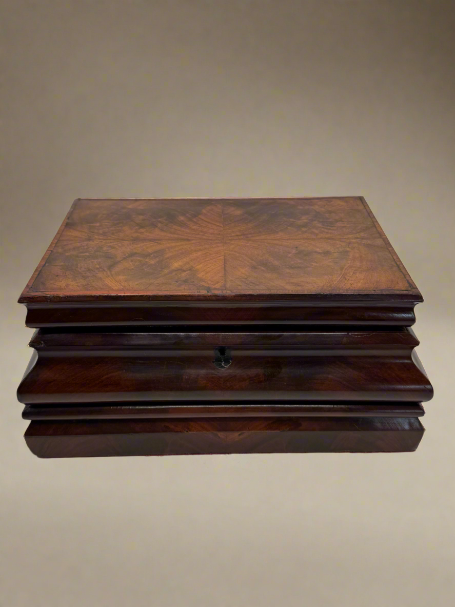 Antique Biedermeier Style Wooden Chest With Mirror Lined in Red Velvet circa 11.5” x 7.75” x 5.25”