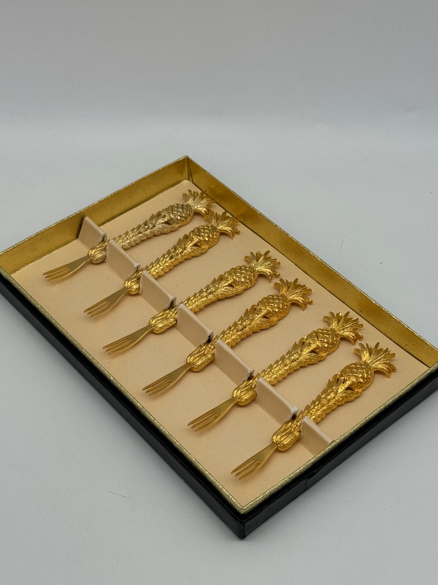 Vintage Canapé Fork Set 24kt Gold Plated Janis Collection 6 Pineapple Design
