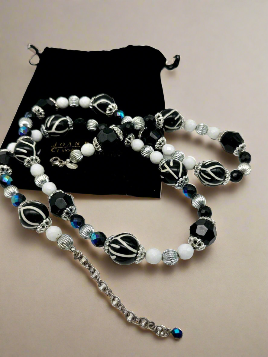 Joan Rivers Necklace 36" white black Zebra iridescent blue silver tones