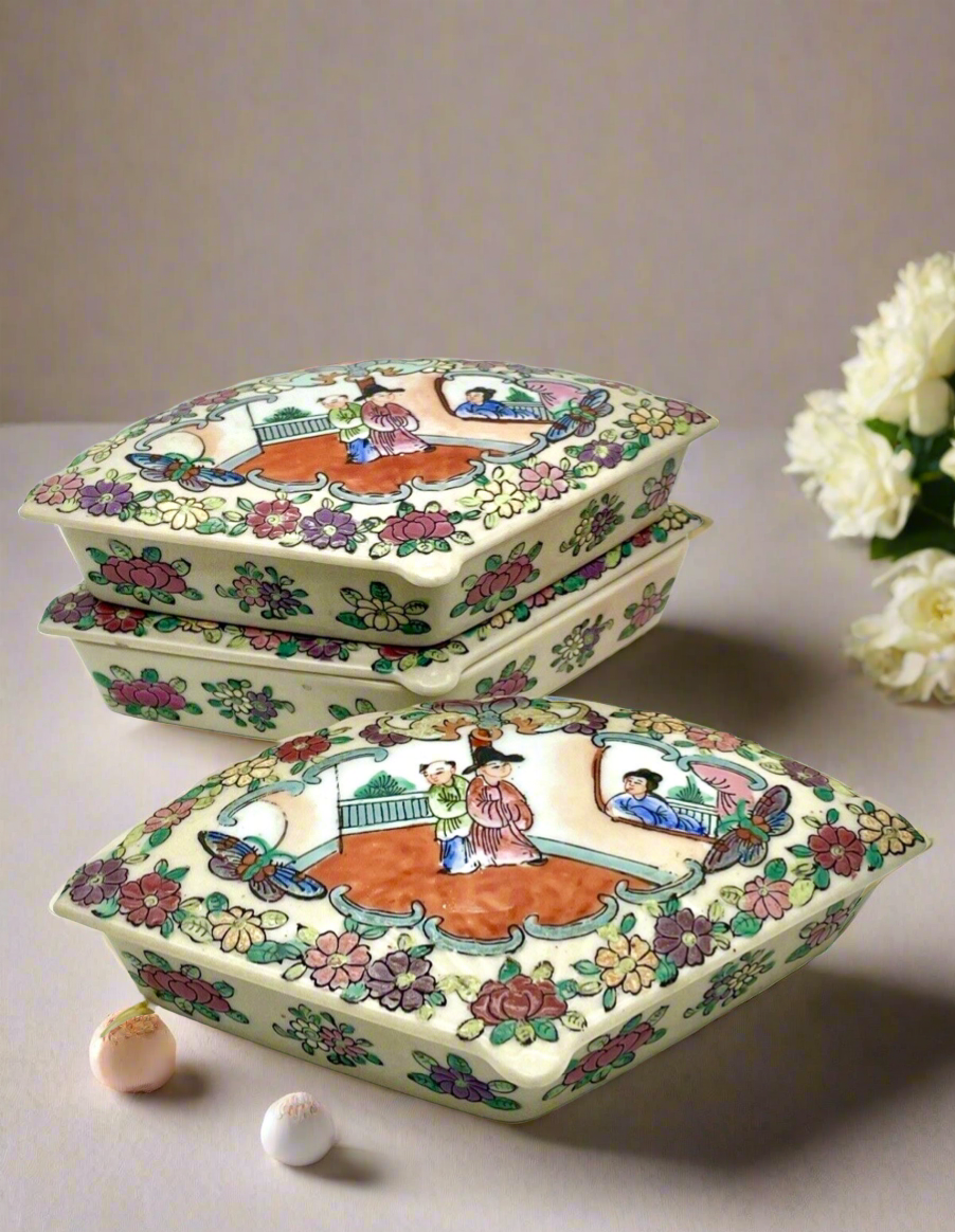 Vintage Chinoiserie Famille Rose Trinket Box Set originally sold by MILLER RHOADS Department Store