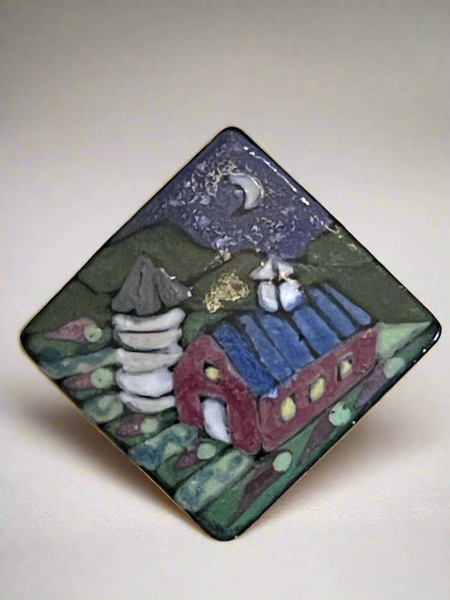 Farmhouse Brooch Artisan Mary Vaughn Ceramic Hand Made VINTAGE