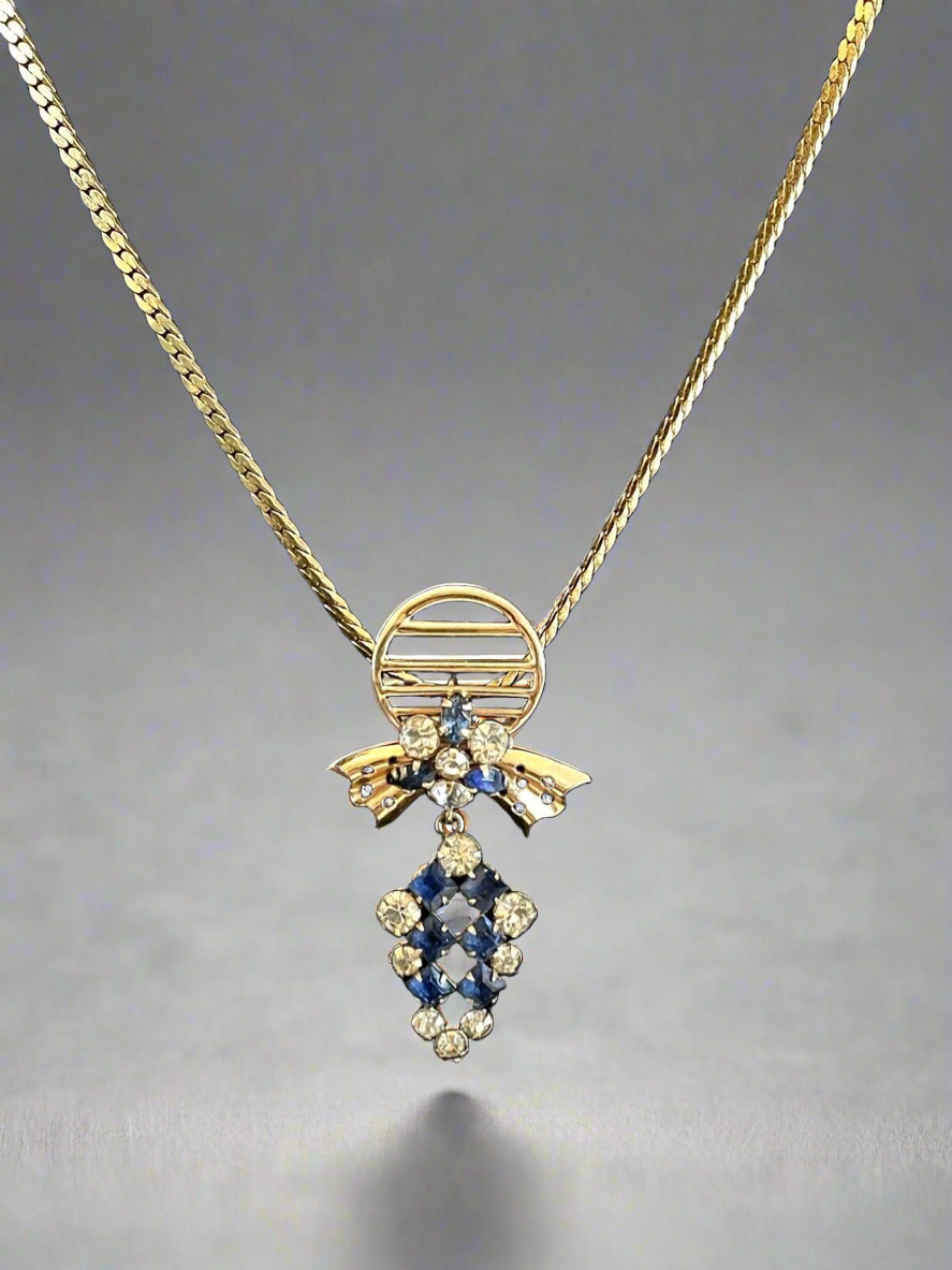 Blue & Clear Rhinestones Pendant Brooch 12kt GF Signed Phyllis Chain VINTAGE